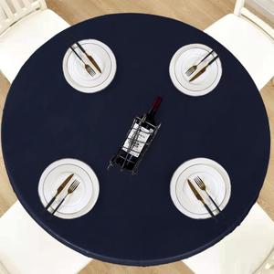 LUSHVIDA Round Waterproof Table Cover Elastic Vinyl Fitted Tablecloth Elastic Edged Plastic Table Cloth (Navy, Best for Up to 57"-68" Round)