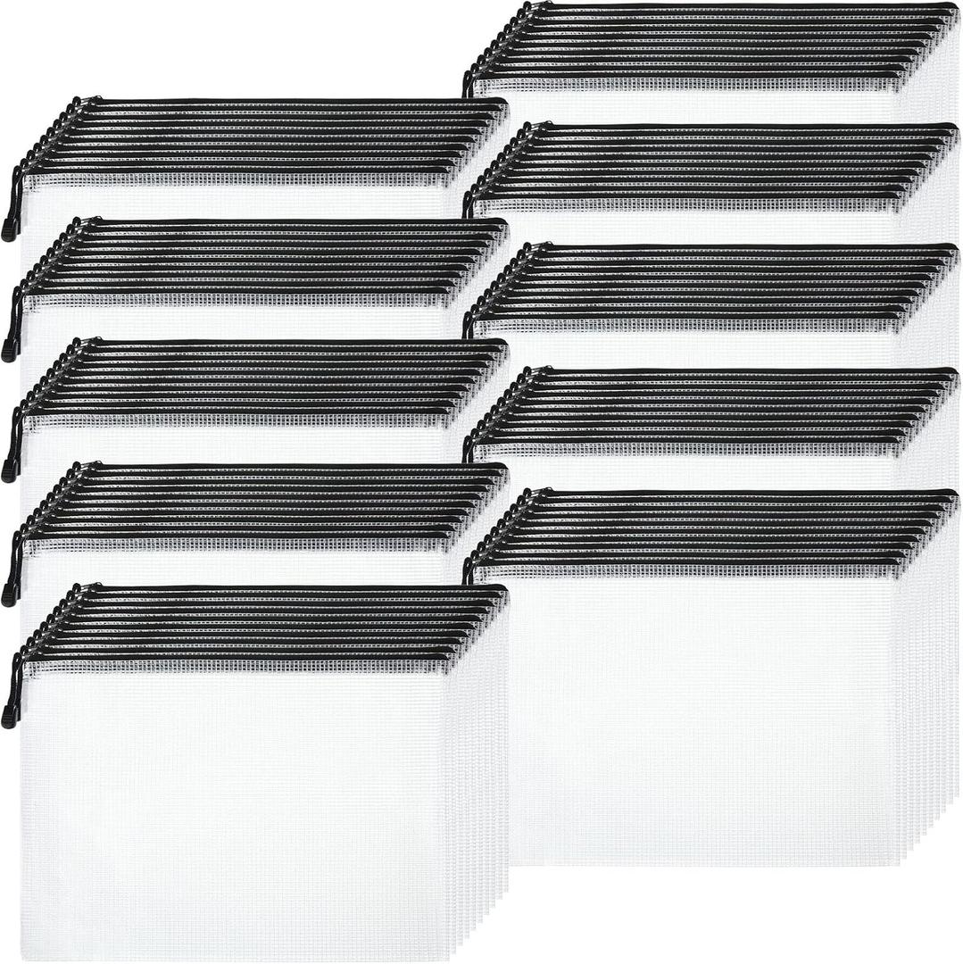 Zhehao 100 Pcs A4 Mesh Zipper Pouch Bag Bulk Mesh Pouch with Zipper Waterproof Clear Storage Bag for School Office Supplies Cosmetics Travel(A4(13.19 x 9.45 in),Black)