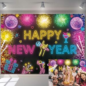 Happy New Year Banner 2026 Neon Fireworks New Years Eve Photography Backdrop for 2026 NYE Party Decoration Supplies (7x5FT210x150cm)