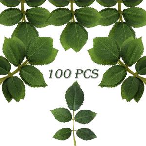 100 Pcs Artificial Flowers Green Leaf Bulk Faux Greenery Silk Fake Rose Leaves Bouquet Garland Wreath Floral Arrangement Supplie DIY Craft (1 Stem with 5 Medium-Leaf Green)