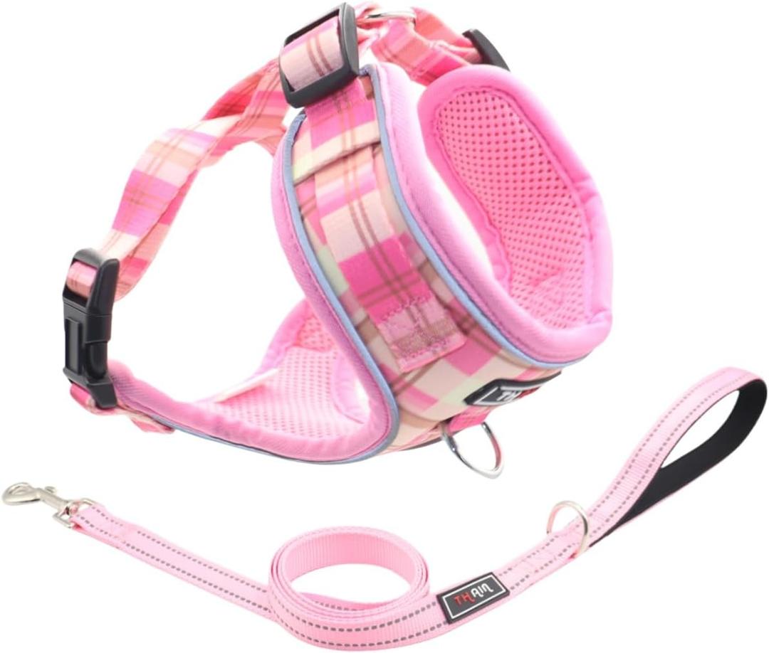 THAIN Reflective Dog Harness & Leash Set  No-Pull Design, Adjustable & Comfortable for Large Dogs (L, Pink Plaid)