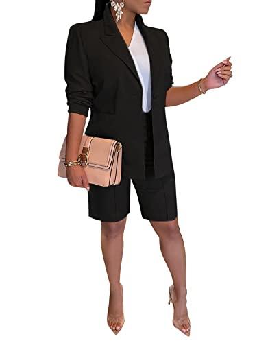 Famnbro Womens 2 Piece Blazer Outfits Lapels Open Front Suit Jacket and Bermuda Shorts Set Small