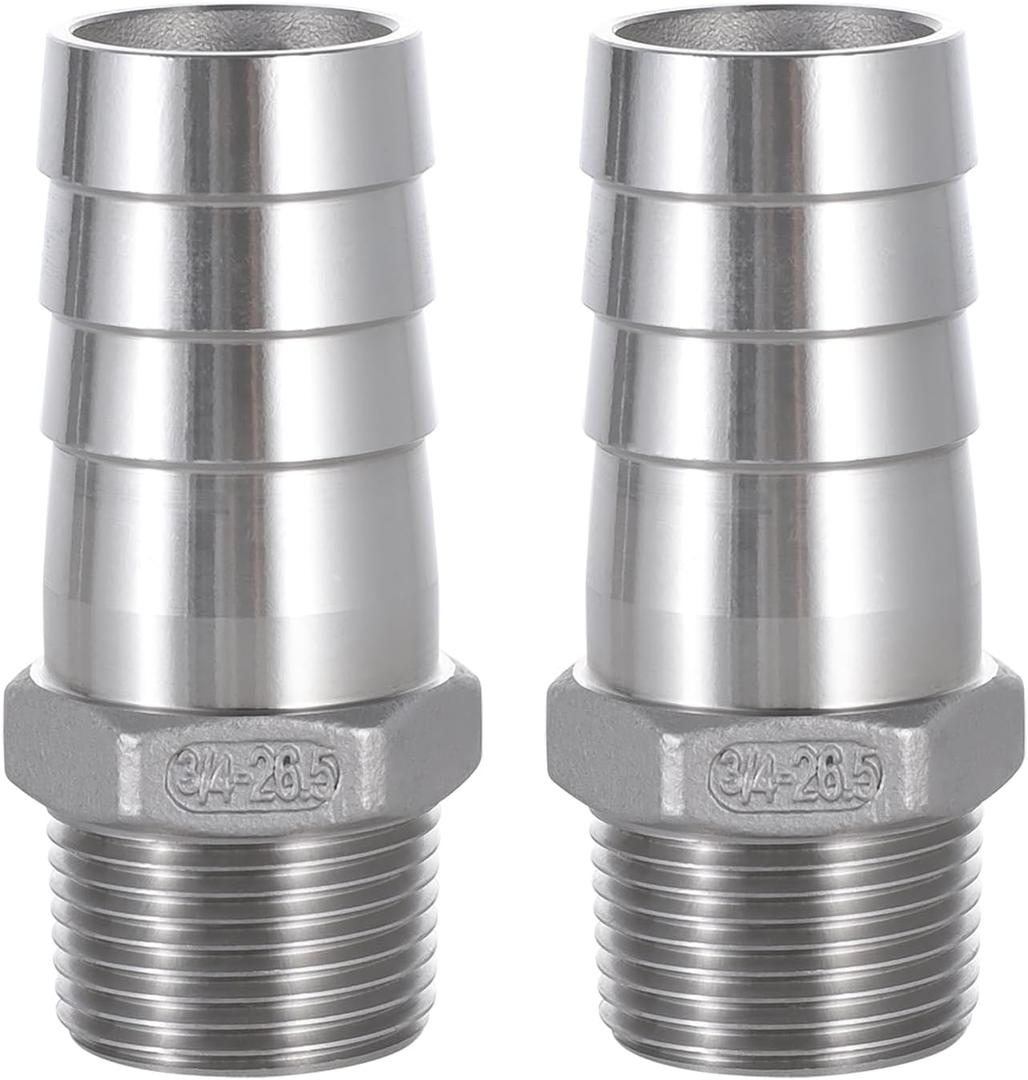 304 Stainless Steel Hose Barb Fitting, 1" Barb to 3/4" NPT Male Thread, Barbed Hose Fittings for Air Water Fuel, 2 Pack