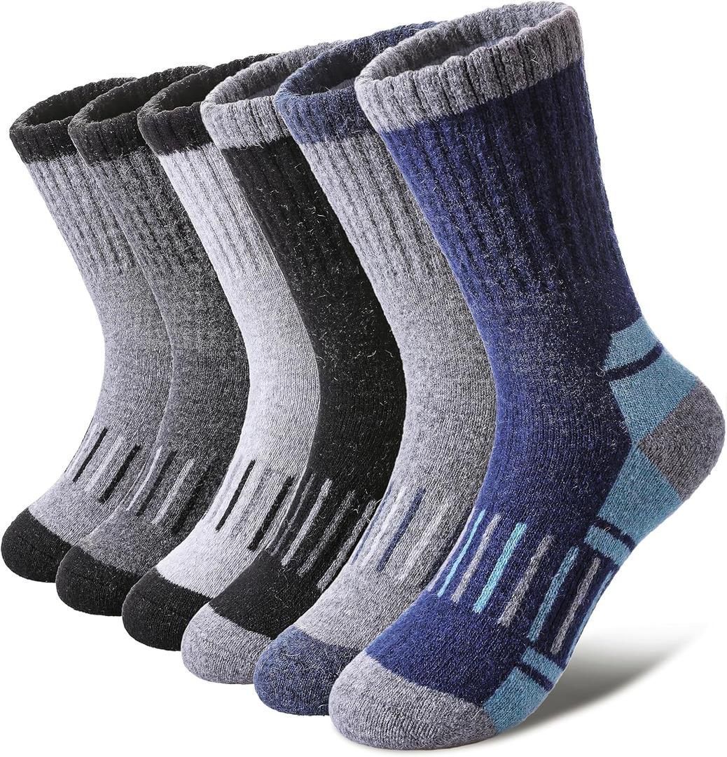 LINEMIN Kids Merino Wool Hiking Socks Toddlers Boys Girls Winter Warm Thick Thermal Boot Cushion Crew Socks 6 Pairs (4-7 Years)