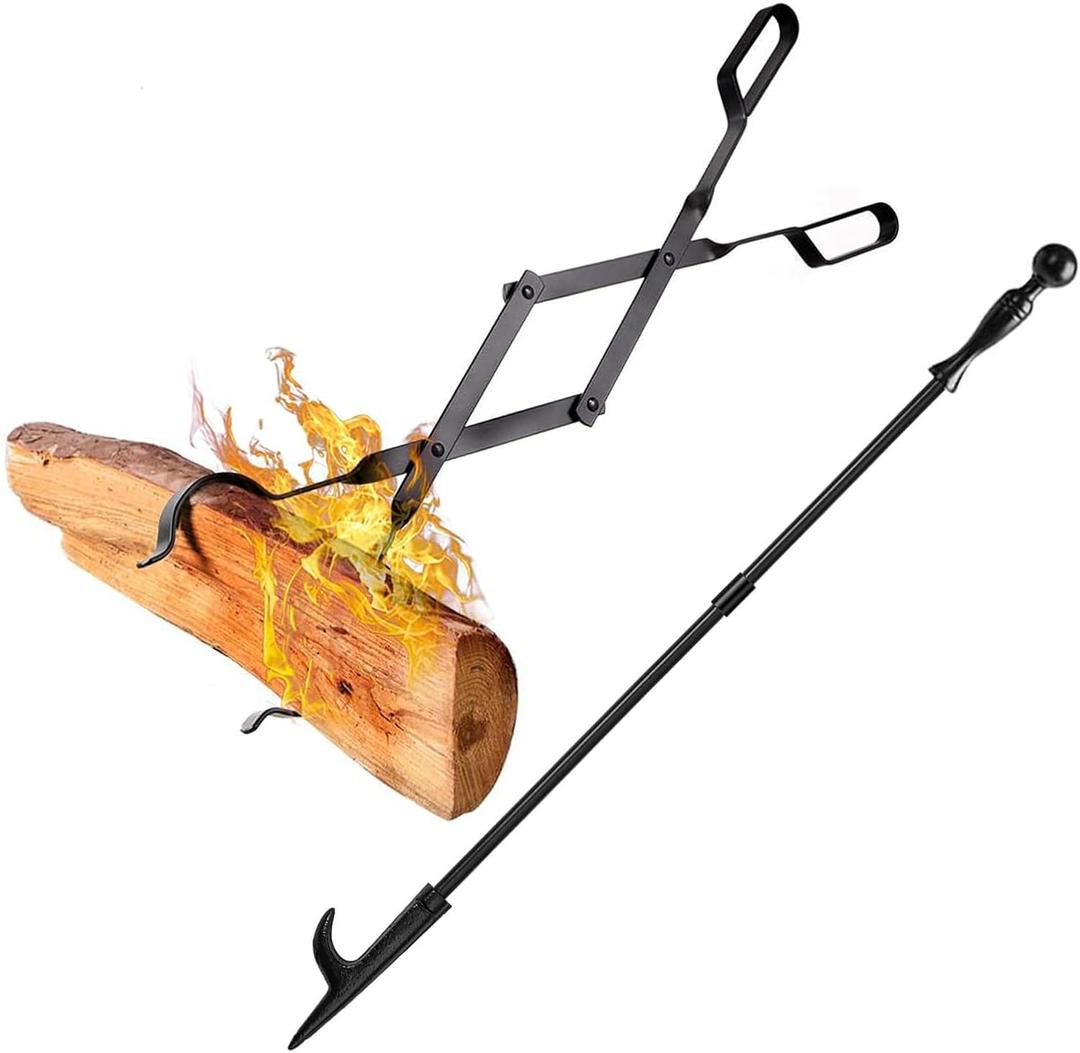 AMAGABELI GARDEN & HOME 32" Fireplace Poker and 26" Fireplace Tongs Log Grabber for Firewood Fire Pit Campfire Bonfire for up 12"Thick Heavy Duty Wrought Iron Indoor Outdoor Wood Stove Fire Place Tool