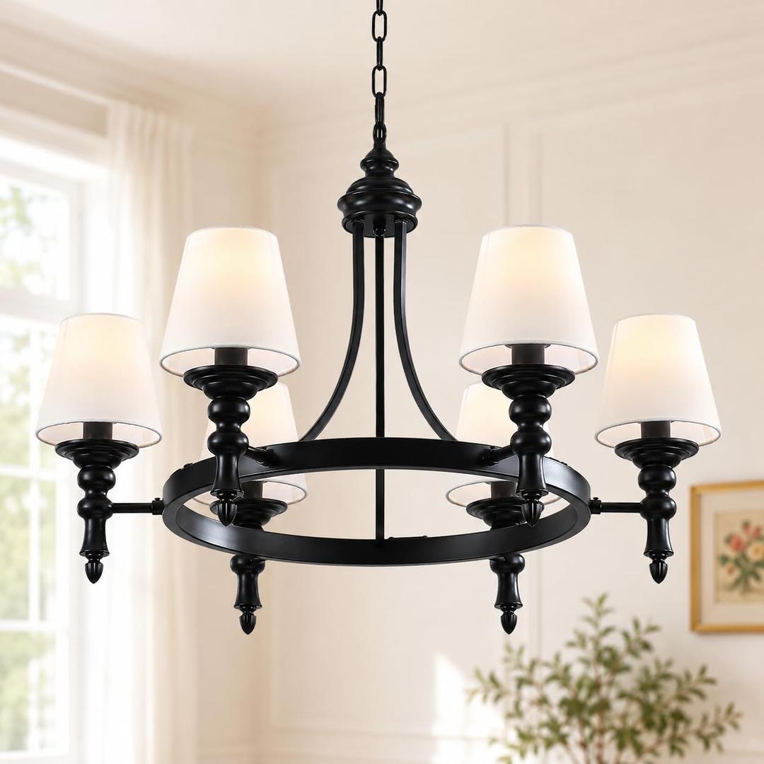 29.9" Black Wagon Wheel Chandelier 6-Light Modern Farmhouse Chandeliers with White Fabric Shades Rustic Hanging Dining Room Light Fixture Over Table Vintage Pendant Light for Living Room Bedroom Foyer