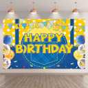 Fabric 72x43inch Yellow Jeans Cartoon Happy Birthday Backdrop Banana Balloon Flag Boy Party Decorations Kids Supplies Photo Booth Props Cake Table Banner