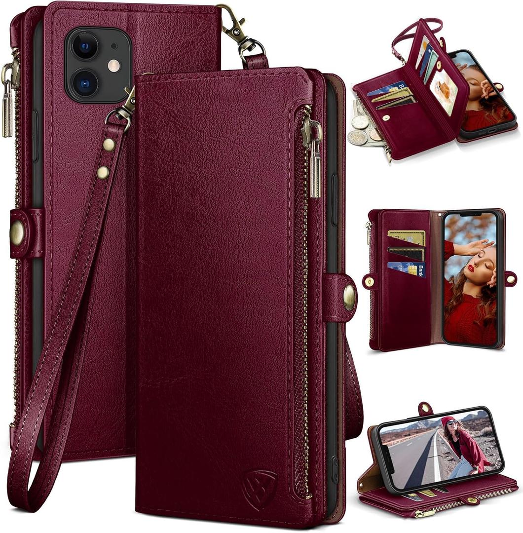 XcaseBar for iPhone 12/12 Pro 6.1" Wallet case with Zipper Credit Card HolderRFID Blocking, Flip Folio Book PU Leather Phone case Shockproof Cover Women Men for Apple 12 case Wine Red