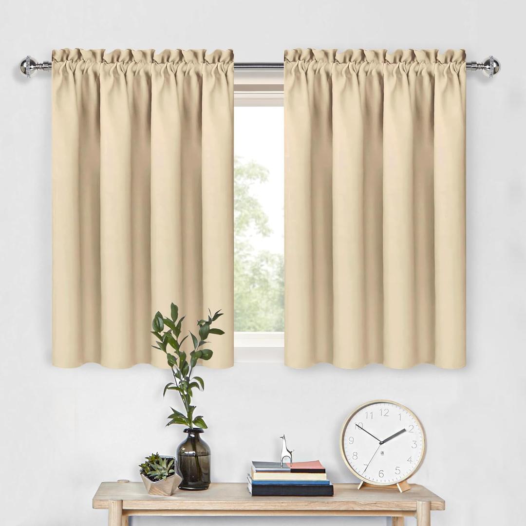 DWCN Beige Short Room Darkening Curtains for Kitchen/Bedroom, 42 x 36 inches Long - Energy Saving Window Drapes for Nursery with Rod Pocket, Set of 2 Panels