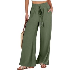 ANRABESS Women's Linen Pants Summer Casual Palazzo Beach Pant Drawstring High Waist Wide Leg Trousers Vacation Outfits, Small, Deep Green (Green)