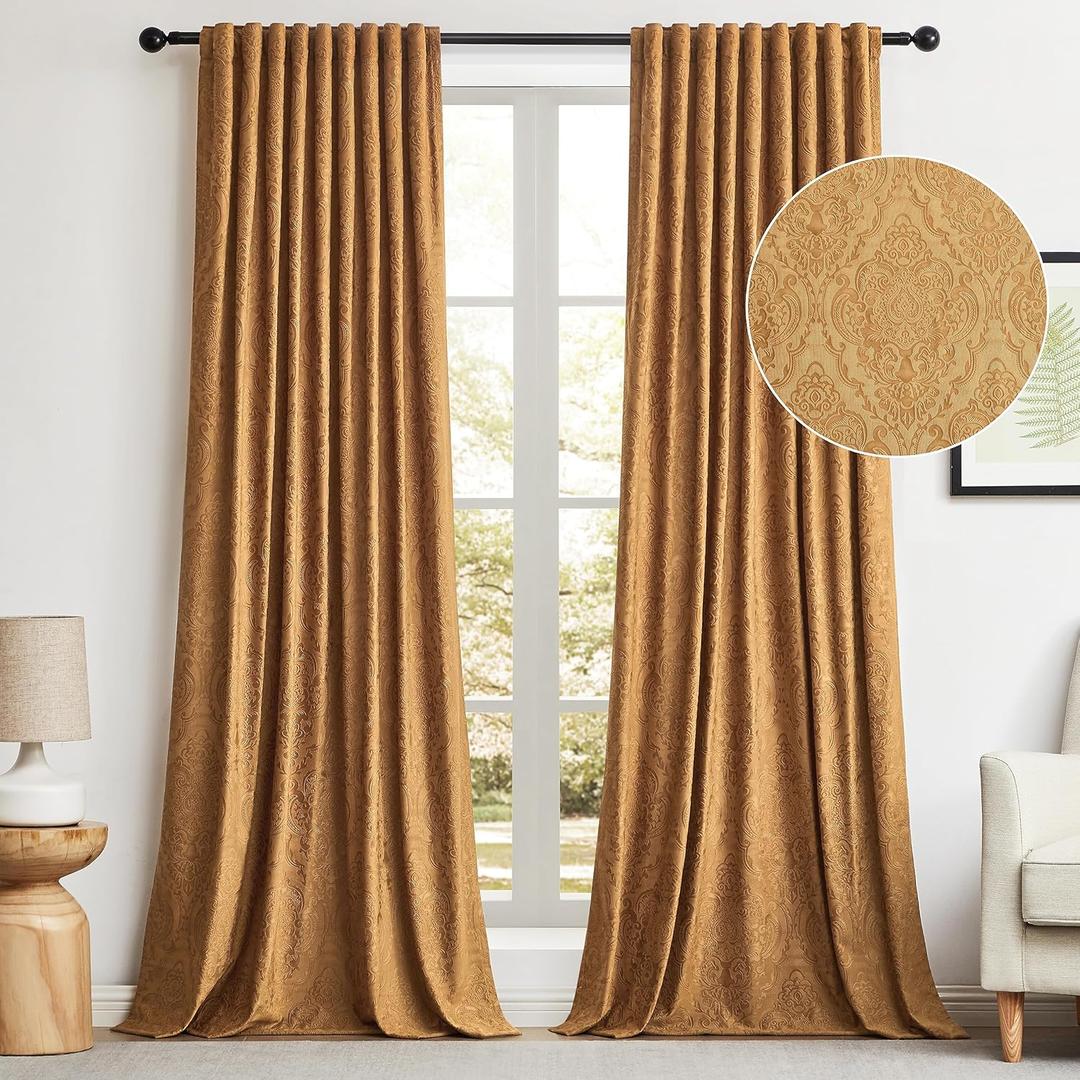 GIGIZAZA Velvet Curtains 96 Inch Long 2 Panels, Brown Gold Vintage Drapes Floral Embossed Blackout Window Curtain for Living Room Back Tab Thermal for Bedroom