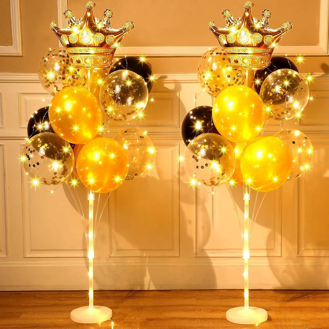 Sosation 2 Set Floor Crown Balloon Stand Kit Includes LED String Lights 42 Balloons 44 Sticks 26 Cups Gold Balloon Column Backdrop Decorations for Birthday Baby Shower Wedding Party