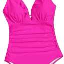 Women's Swim Ruffle Trim Ruched V Neck Knot One Piece Bikinis Swimsuit Beachwear Bathing Suit for Women, L