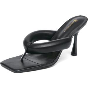 NEWBELLA Women's Square Toe Heeled Sandals Thong Strap Stiletto Heel Slip On Dress Shoes Fashion Summer Heels for Party Date Night Casual Wear (Black) 8.5