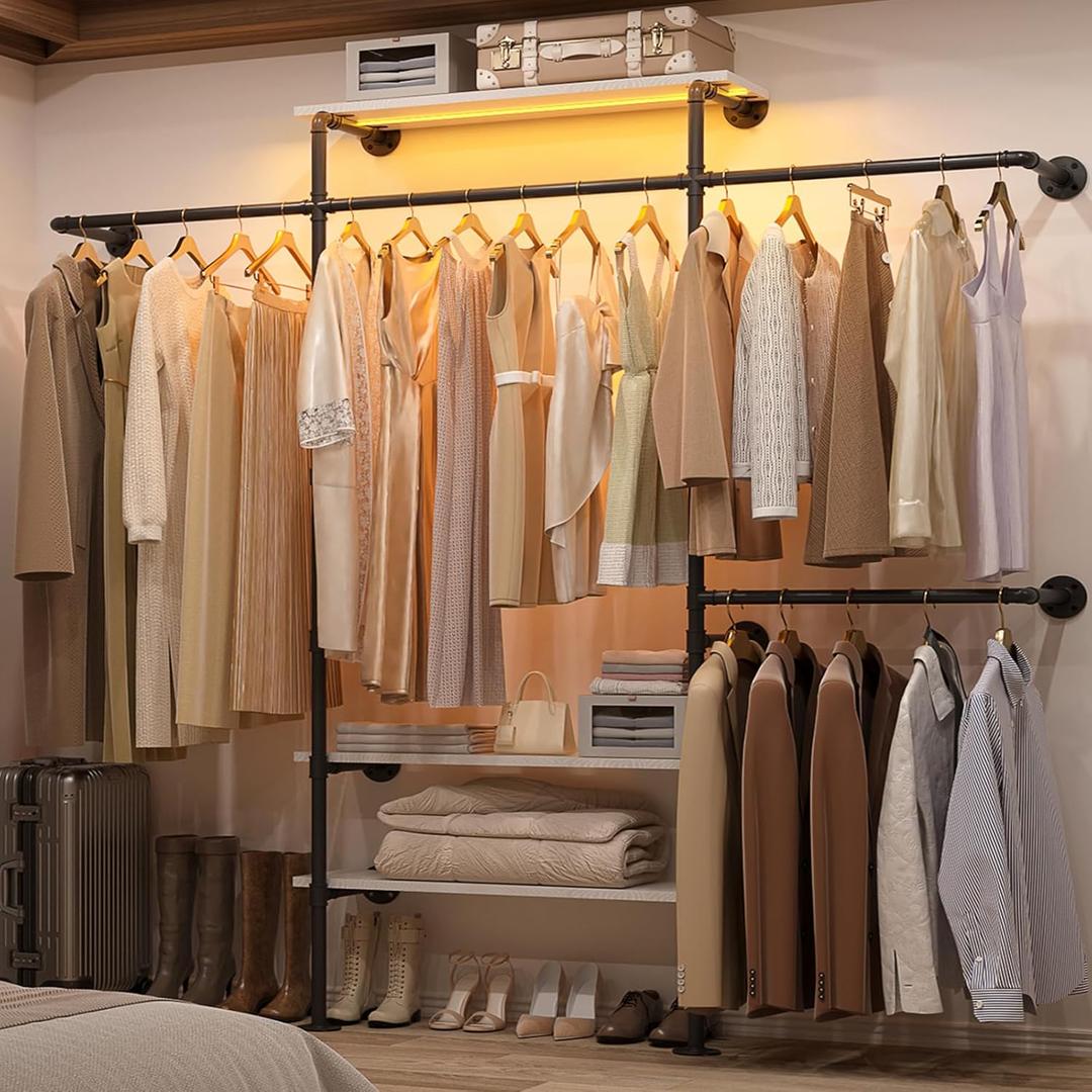 Cyclysio Industrial Pipe Clothing Rack, Reversible 7.25FT Wall Mounted Clothes Rack, Heavy Duty Garment Racks Closet Wardrobe with LED Lights& Shelves, Walk-in Closet System, White
