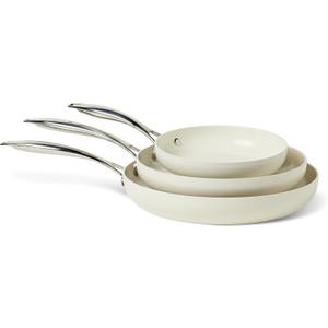 Amazon Basics Ceramic Nonstick Cookware, 3-Piece Frying Pan Set, All Cooktop Induction Compatible, Dishwasher-Safe, Oven-Safe, Ivory