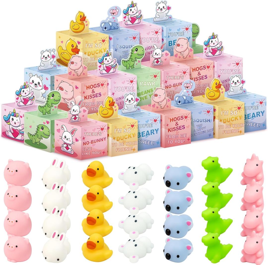 Gocozer 28 Pack Valentines Day Gifts for Kids Classroom, Mochi Squishy Valentines Cards Boxes for Kids, Squishies Valentines Animals Exchange Gifts for School Class Party Favor