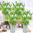 2 Pcs St Patricks Day Decorations Artificial Shamrock Berry Stems in Vase 12'' Green Clover Floral Branches with Metal Pot Greenery Floral Branches for Party Home Table Centerpieces