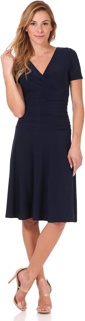 Rekucci Women's Slimming Short Sleeve Fit-N-Flare Crossover Tummy Control Dress (18, Navy)
