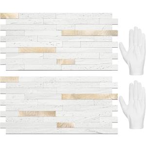 STICKGOO 20 Sheets Peel and Stick Backsplash Tile, Stick on Backsplash for Kitchen and Bathroom, White Sandstone Look PVC Mixed Metal Gold Self Adhesive Wall Tiles