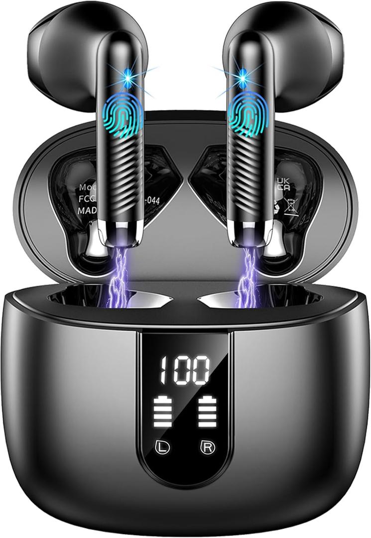 Wireless Earbuds, Bluetooth Headphones V5.4 Stereo Bass Ear Buds with ENC Noise Cancelling Mics,56H Bluetooth Earbuds with LED Display Charging Case, IP7 Waterproof Earphones for Android iOS,Black