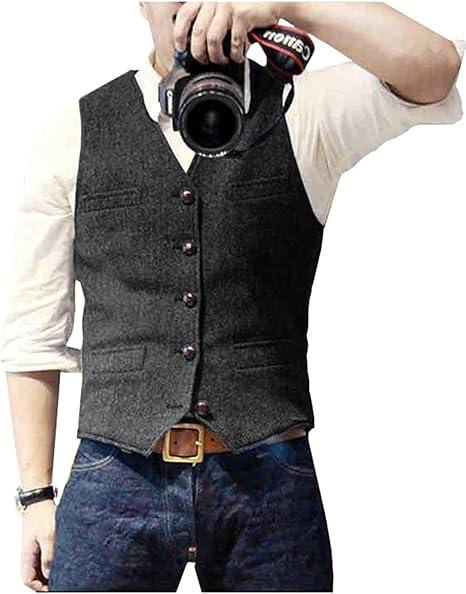 Ceehuteey Mens Suit Vest Waistcoat Tweed Retro V Neck Wool Herringbone for Prom (Black), Large