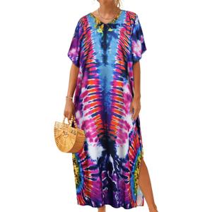 CHICGAL Kaftan Dresses for Women Oversized Long Batwing Sleeve Caftan V Neck Beach Cover Ups Summer Maxi Dress (Purple Aperture, One Size)
