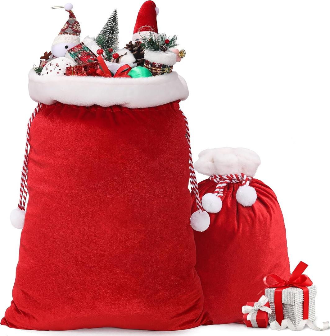 wonshia 2Pcs Christmas Velvet Santa Sack Large Christmas Santa Red Velvet Bag with Drawstring Gift Wrap Bags for Party Xmas Present Sack