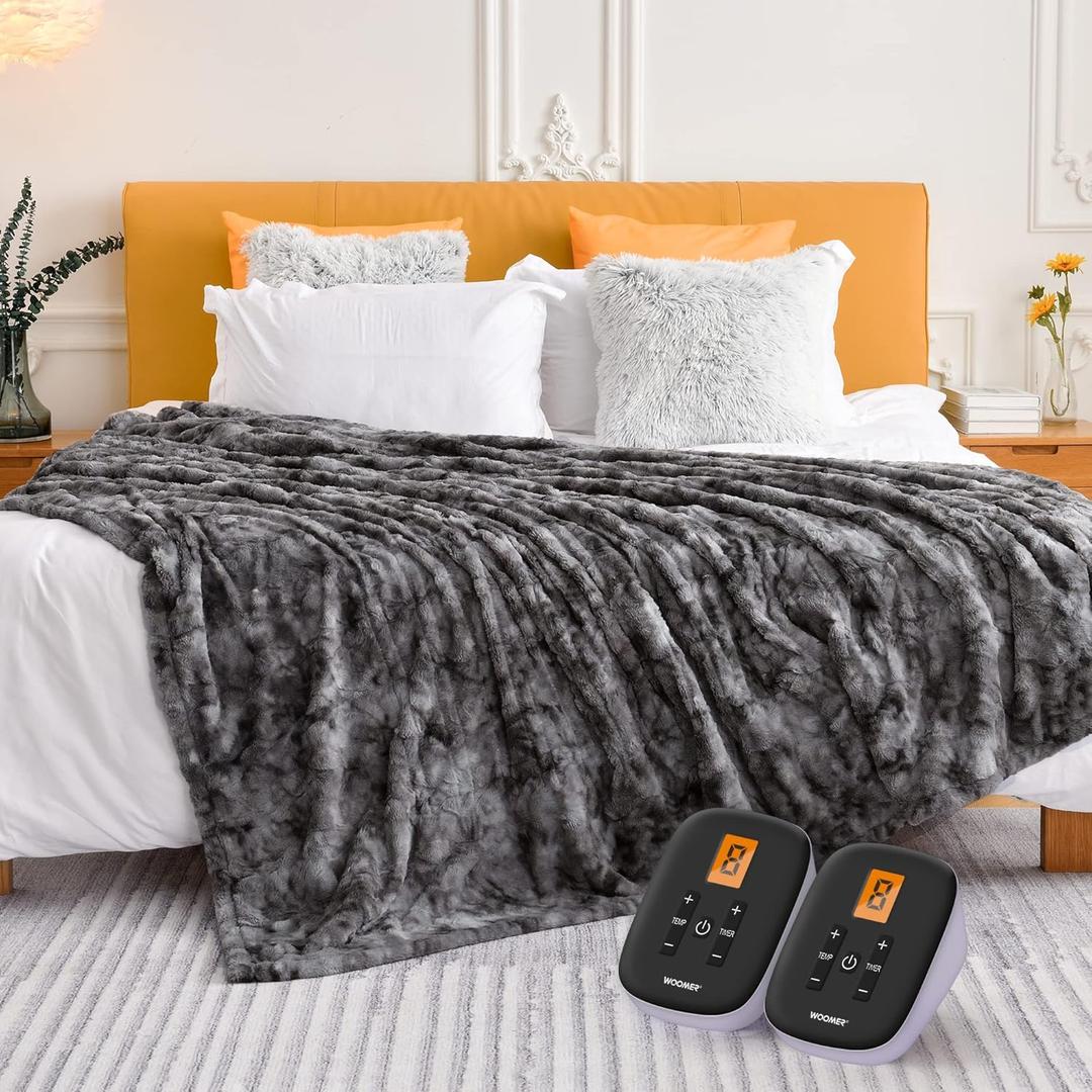 WOOMER Heated Blanket Queen Size Electric Blanket 84"x 90", Faux Fur Fast Heating, 10 Heating Levels & 0.5-12H Auto Off, Dual Control, Over-Heat Protection, ETL Certification (Queen Size 84" 90", Marble Grey)
