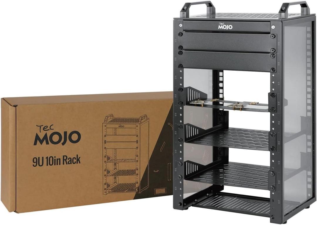 Tecmojo 9U Network Rack, 10 inch Mini Server Rack with 2 Side Translucent Panels & 2 Top Handles, 7.87 inch Deep, for 10 inch IT Equipment & A/V Devices, Black