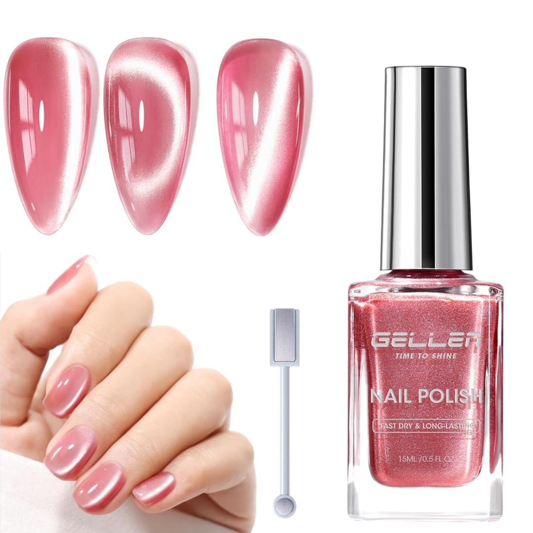 GELLEN Quick Dry Cat Eye Nail Polish, Magnetic Pink Fingernail Polish, Fast Drying Glitter Holographic Nail Polish Non Gel with Magnet Tool, DIY Salon Home (Peach Rose Pink)