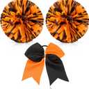Hanaive 2 Pcs Cheerleading Pom Poms and Large Cheerleader Hair Bow Foil Pompoms Cheer for Team Cheering Squad Dance Rooters Accessories(Orange and Black,Matte)