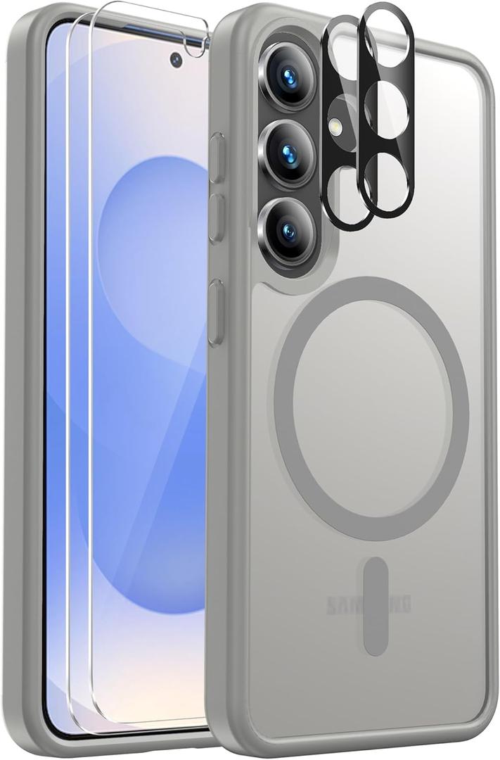 for Samsung Galaxy S25 Case Magnetic Shockproof, [Fit for MagSafe] [Glass Screen Protector + Camera Lens Protector] Translucent Anti-Fingerprint Case for Samsung Galaxy S25 6.2" (Gray)