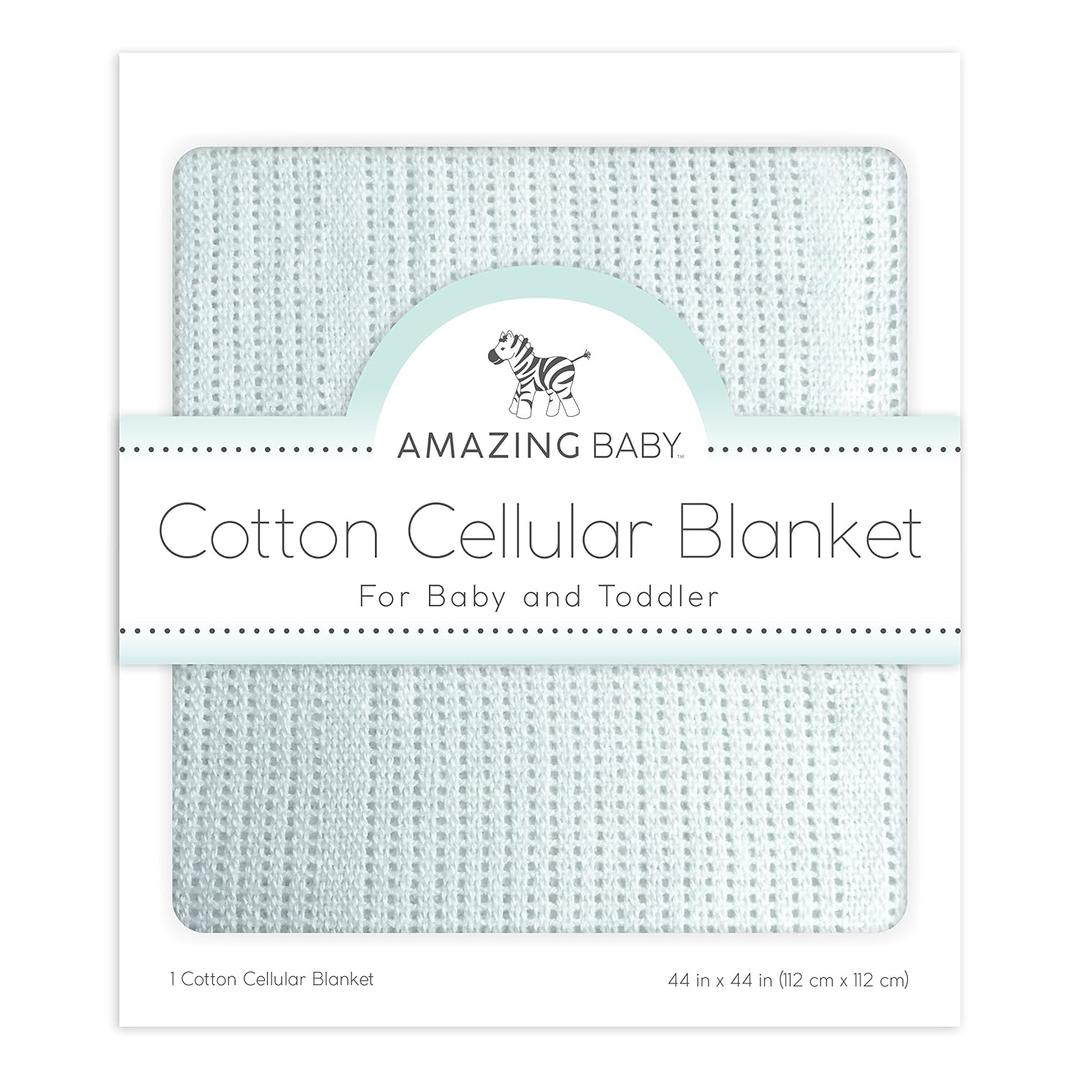 Amazing Baby Cellular Blanket, Premium Cotton Knit, Ultra Soft, Breathable, Cozy Gift for Baby Boys and Girls, Favorite Toddler Blanket, 44 x 44 inches (112 x 112 cm), Soft Blue