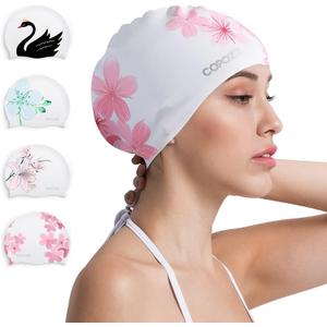 COPOZZ Stylish Silicone Swim Cap for Women  Comfortable, Durable, and Hair-Protecting Design (Cherry Blossom)