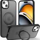 Magnetic for iPhone 15 Plus Case with Ring Stand, [10 FT Drop Protection] [Velvety Touch] Slim Translucent Matte Back Shockproof Phone Case for iPhone 15 Plus 6.7'', Space Black