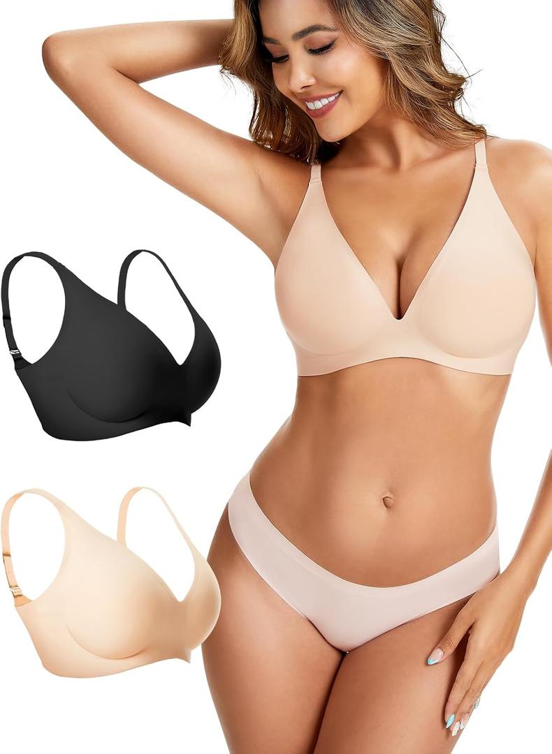 Womens Deep V Wireless Bra No Underwire Seamless Comfort Support Tshirt Push Up Bralette for Everyday/Sleep (XXL)
