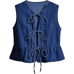 SHENHE Women's Y2k Tie Front Denim Vest V Neck Ruffle Hem Sleeveless Peplum Jean Top Shirt Dark Wash Blue Medium