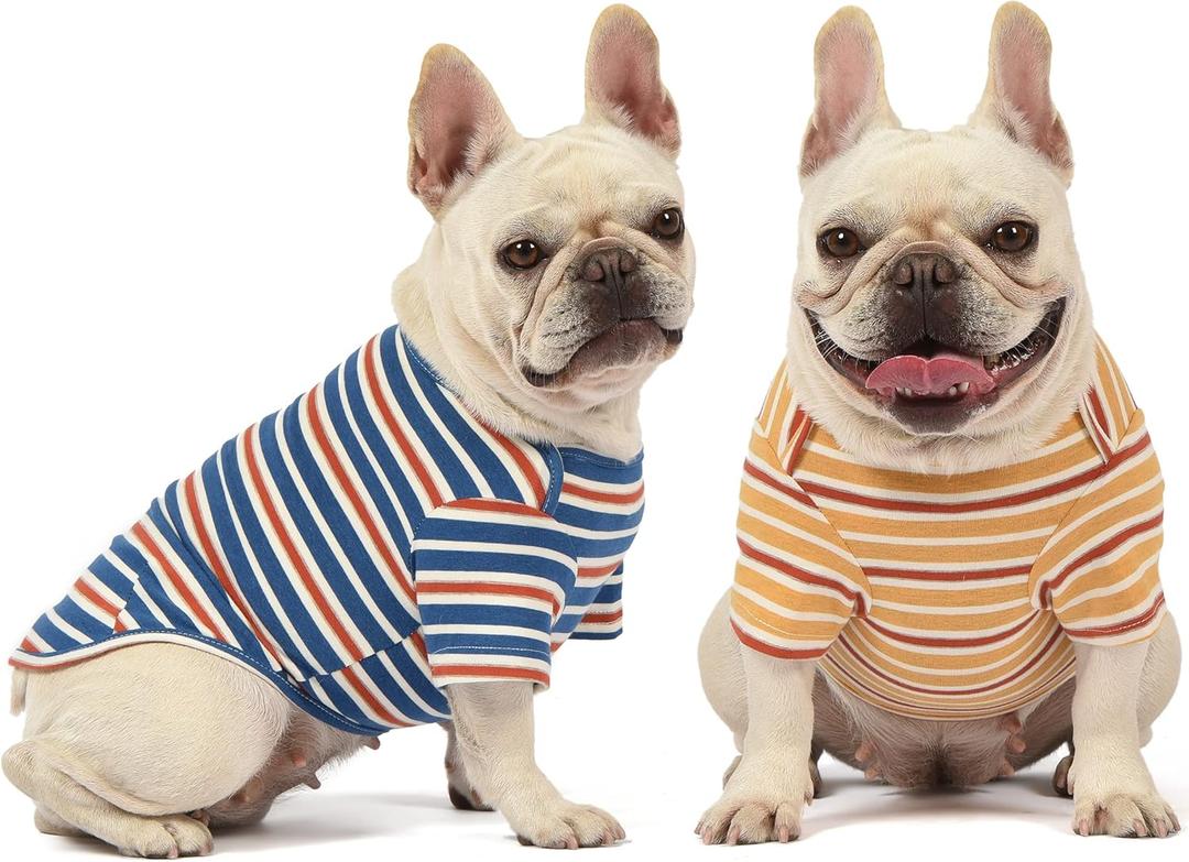 Dog Shirts Cotton Striped T-Shirt, Summer Pet Clothes for Small Dogs, 2-Pack Soft Puppy Apparel Cat Tee, Breathable Stretchy, Blue Yellow M