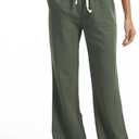 SEVEGO Women's Casual Linen Pants Long 32" Inseam Flared Leg Smocked Waist Beach Summer Slacks, Green, Medium 