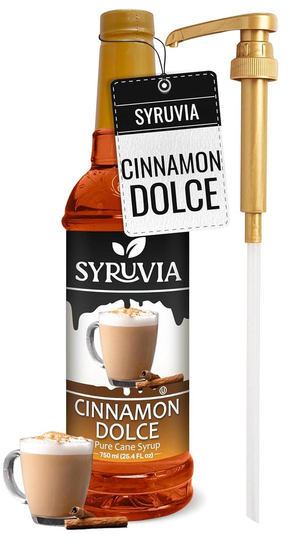 Syruvia Coffee Syrup, Cinnamon Dolce Flavored Syrup for Drinks, Lattes, and Desserts  25.4 fl oz, With Pump