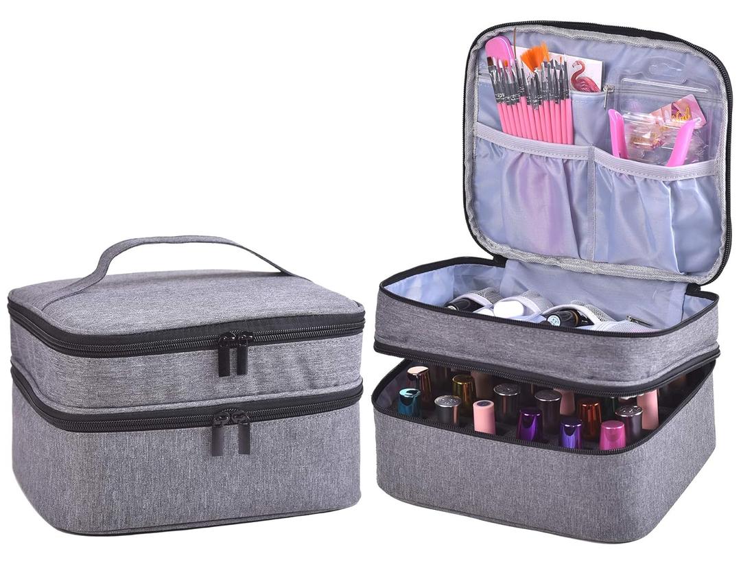 Nail Polish Organizer- Holds 30 Bottles Nail Supply Organizers and Storage Double-layer Nail Bag Organzier Case Nail varnish Organizer Nail Polish Storage Bag with Handle (Grey)