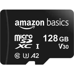 Amazon Basics Micro SDXC Memory Card with Full Size Adapter, A2, U3, Read Speed up to 100 MB/s, 128 GB, Black