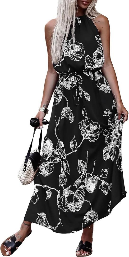 miduo Womens Casual Summer Halter Neck Sleeveless Bohemian Geometric Pattern Flowy A Line Maxi Long Dress with Belt (Black, L)