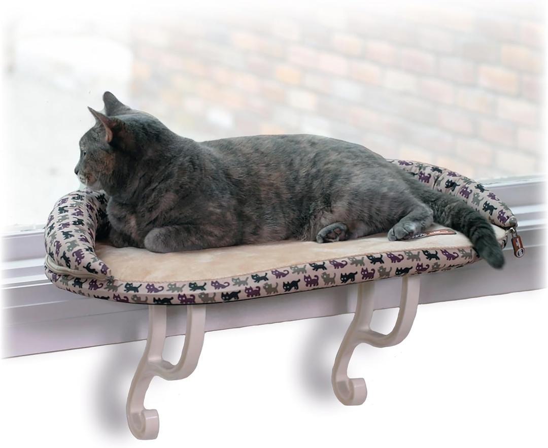 K&H Pet Products Bolster Kitty Sill Cat Window Perch Bed for Large Cats, Orthopedic Window Hammock Holds 40 lbs, Washable Cover, Indoor Windowsill Furniture Bed Seat - Tan/Kitty Unheated 14 X 24in