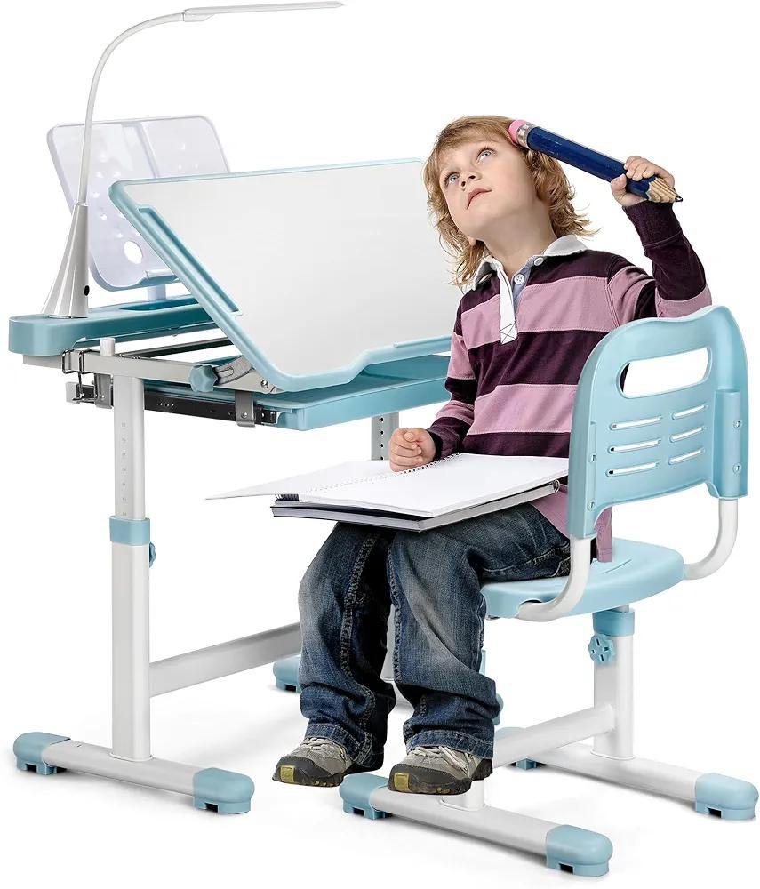 Rengue Kids Desk and Chair Set Height Adjustable School Study Desk and Chair with 55° Tiltable Desktop, 3 Modes&3 Brightness LED Lamps, Storage Drawer and Metal Hook for Boys Girls, Blue
