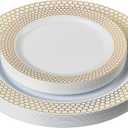 PLASTICPRO 32 Pack Elegant Disposable Plastic Plates Combo Set Includes 16 Dinner Plates and 16 Salad Plates Heavy Duty Fancy Party Plates White & Gold Honeycomb Design