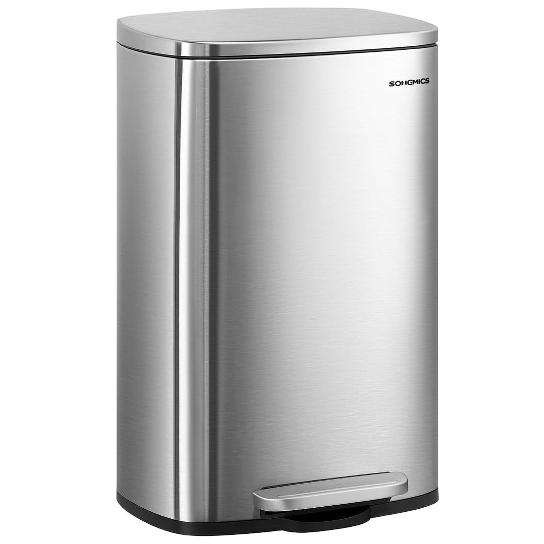 SONGMICS 13 Gallon (50 L) Trash Can, Stainless Steel Kitchen Garbage Can, Recycling or Waste Bin, Soft Close, Step-On Pedal, Removable Inner Bucket, Silver ULTB050E01