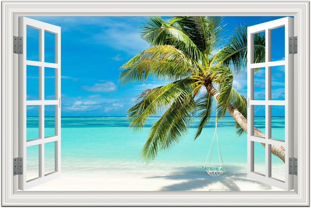 Ocean Wall Art Pictures for Beach Canvas Painting for Living Room Fake White Window Frame Style Blue Seascape Print Tropical Beach Palm Tree Artwork for Home Bedroom Office Decoration 24x36inch