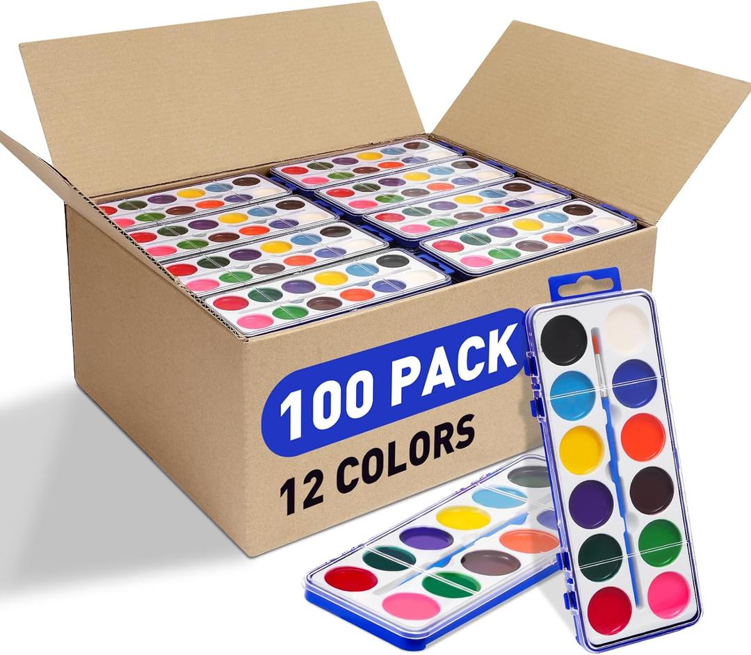 100 Pack Watercolor Paint Set for Kids, 12 Colors Watercolors Paints with Paint Brush, Kids Watercolor Paint Set for Party Favor, Classroom,School Supplies.